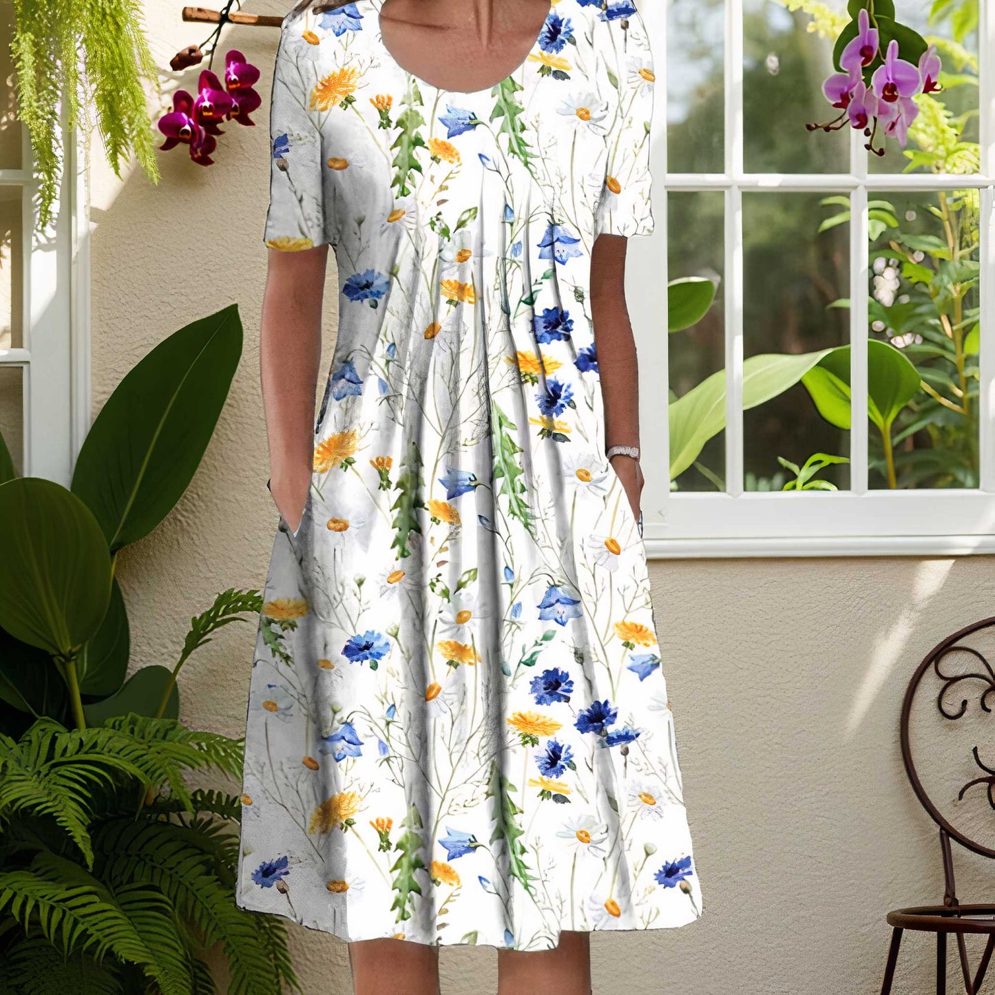 LINA™ | Stilren sommarklänning med blommigt mönster och fickor