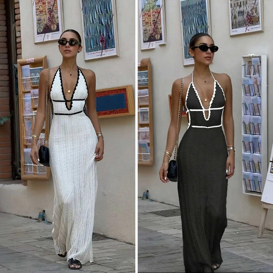 ALVA™ | Stickad halterneckklänning i semitransparent boho-stil