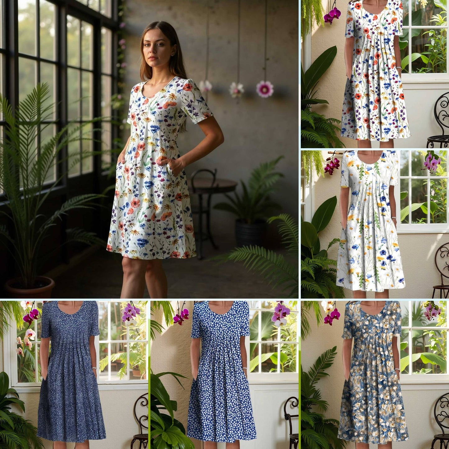 LINA™ | Stilren sommarklänning med blommigt mönster och fickor