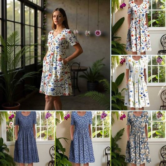 LINA™ | Stilren sommarklänning med blommigt mönster och fickor