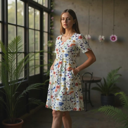 LINA™ | Stilren sommarklänning med blommigt mönster och fickor